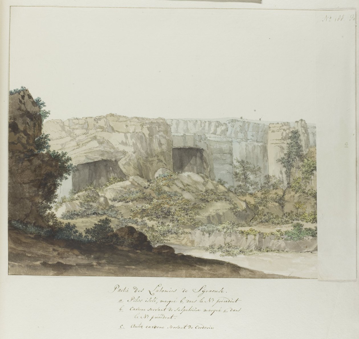Gedeelte van Latomies hule ved Syracuse En del av Latomies of Syracuse (tittel på objekt) Reiser i Italia, Sicilia og Malta - 1778 (serietittel) av Louis Ducros