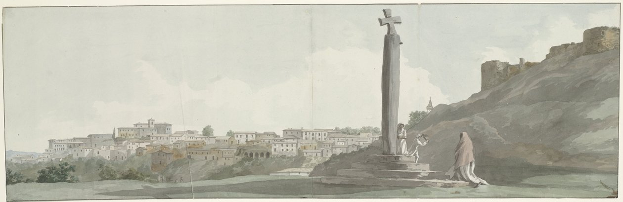 Se på Arriano og monumentet, kalt altaar van Janus Utsikt over byen Arriano (Equotuticum), et gammelt monument kalt Ianus-alteret, og den ødelagte festningen (tittel på objektet) Reiser i Italia, Sicilia og Malta - 1778 (serietittel) av Louis Ducros
