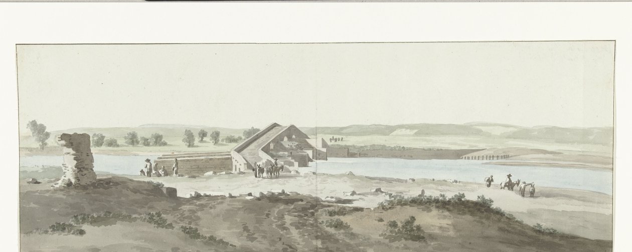 Gezicht op Canosa-broen over Ofanto-elven i Puglia Utsikt over Pont de Canosa over Ofanto (Aufidus) (tittel på objekt) Reise til Italia, Sicilia og Malta - 1778 (serietittel) av Louis Ducros