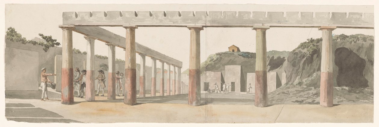 Utsikt over romerske brakker og søylegang i Pompeii Vue des Casernes Romaines & de la Colonnade de Pompeja (tittel på objekt) Voyage en Italy, og Sicile et à Malte - 1778 (serietittel) av Louis Ducros