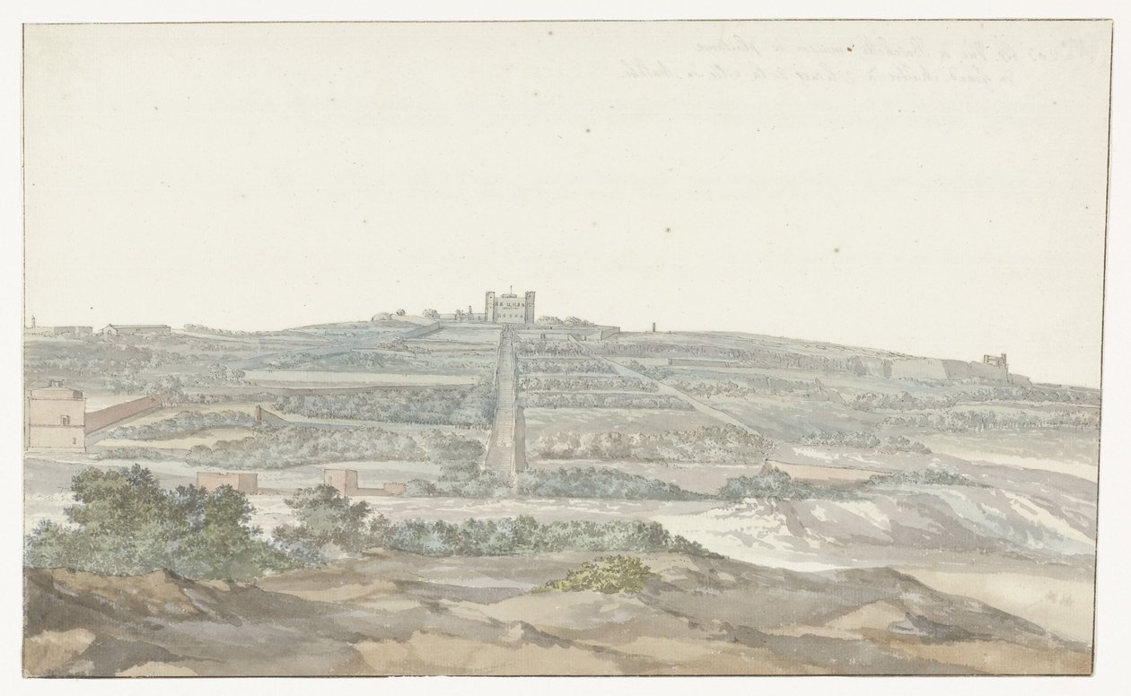 Utsikt over Stormesterens Vedala-palass, som ligger i Boschetto på Malta Vue de Boschetto, maison de plaisance du Grand-Maître, à 2 lieus de la ville de Malthe (tittel på objekt) Voyage en Italy, og Sicile et à Malte - 1778 (serietittel) av Louis Ducros