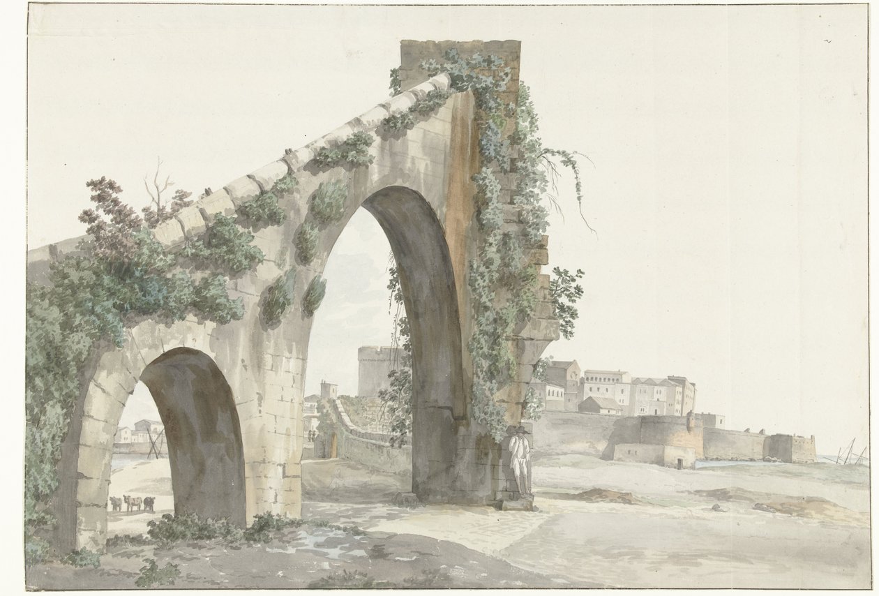 Utsikt over akvadukten i byen Taranto Utsikt over akvadukten og byen Taranto (tittel på objekt) Reiser i Italia, Sicilia og Malta - 1778 (serietittel) av Louis Ducros