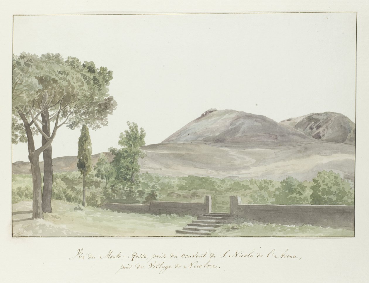 Utsikt over Monto Rosso nær klosteret San Nicolo d'Arena nær stedet Nicolosi Vue du Monte-Rosso, prize du couvent de S. Nicolo de l'Arena, près de Village de Nicoloze (tittel på objekt) Voyage en Italie, en Sicile et à Malte - 1778 (serie ti av Louis Ducros