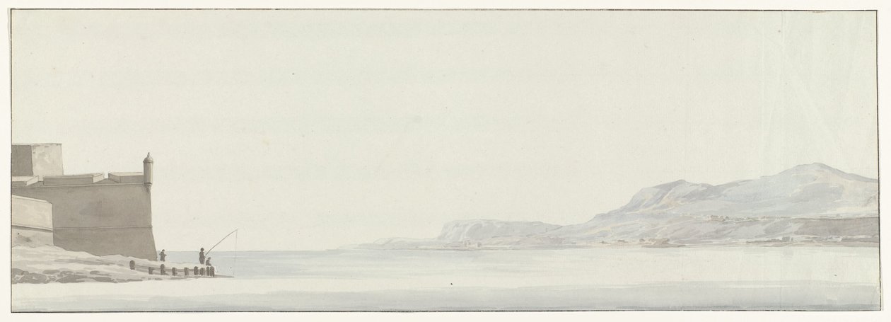 Oversikt over kysten av Calabria fra den ytterste punkten av vesting Messina Utsikt over kysten av Calabria tatt fra det ytre hjørnet av citadellet i Messina (tittel på objekt) Reiser i Italia, Sicilia og Malta - 1778 (serietittel) av Louis Ducros