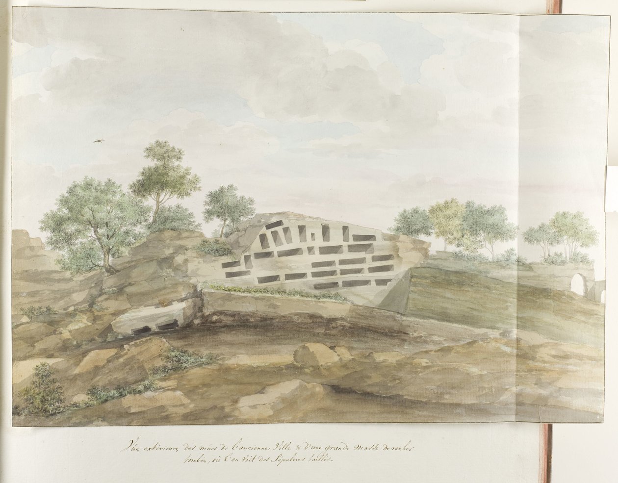 Se på muren av Agrigentum og mange rotsgraver Utvendig visning av murene til den gamle byen og en stor masse falt stein, hvor vi ser utskårne graver (tittel på objektet) Reiser i Italia, Sicilia og Malta - 1778 (serietittel) av Louis Ducros