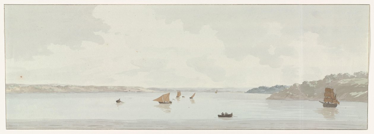 Se en del av Mare Piccolo Utsikt over en del av Mare Piccolo, hvor var stedet for den gamle broen, munningen til Galesus (tittel på objekt) Reiser i Italia, Sicilia og Malta - 1778 (serietittel) av Louis Ducros