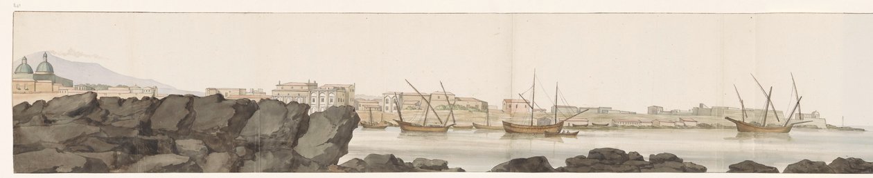 Utsikt over havnen i Catania Vue du Port de Catane (tittel på objekt) Voyage en Italy, og Sicile et à Malte - 1778 (serietittel) av Louis Ducros
