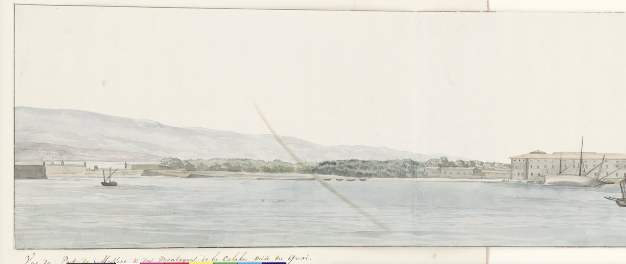 Utsikt over havn fra Messina og bergen fra Calabrië fra kade Utsikt over havnen i Messina og fjellene i Calabria, tatt fra kaien (tittel på objekt) Reiser i Italia, Sicilia og Malta - 1778 (serietittel) av Louis Ducros