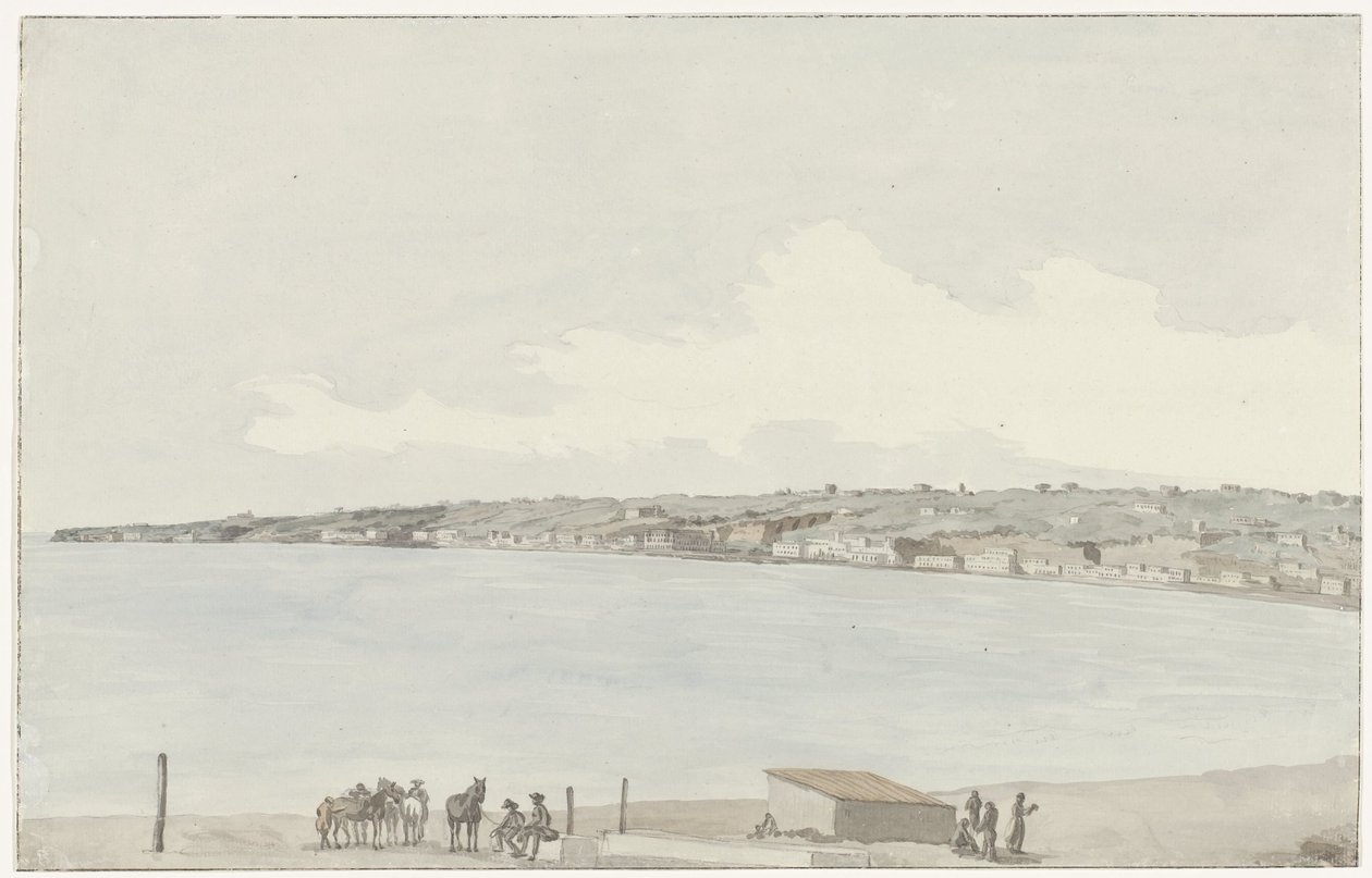 Utsikt over Pausilype-neset med det gamle palasset til dronning Jeanne og landskapet i Sannazar fra balkongen på vertshuset Vue du Promontoire de Pausilype, pris du balcon de notre auberge où se trouvent l'ancien Palais de la Reine Jeanne, le Ca av Louis Ducros
