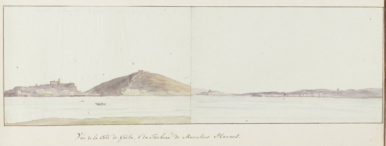 Vis kysten av Gaeta og mausoleet av Munatius Plancus (Lucio Munazio Planco) Vue de la côte de Gaëta og du Tombeau de Munatius Plancus (tittel på objekt) Voyage en Italie, en Sicile et à Malte - 1778 (serietittel) av Louis Ducros