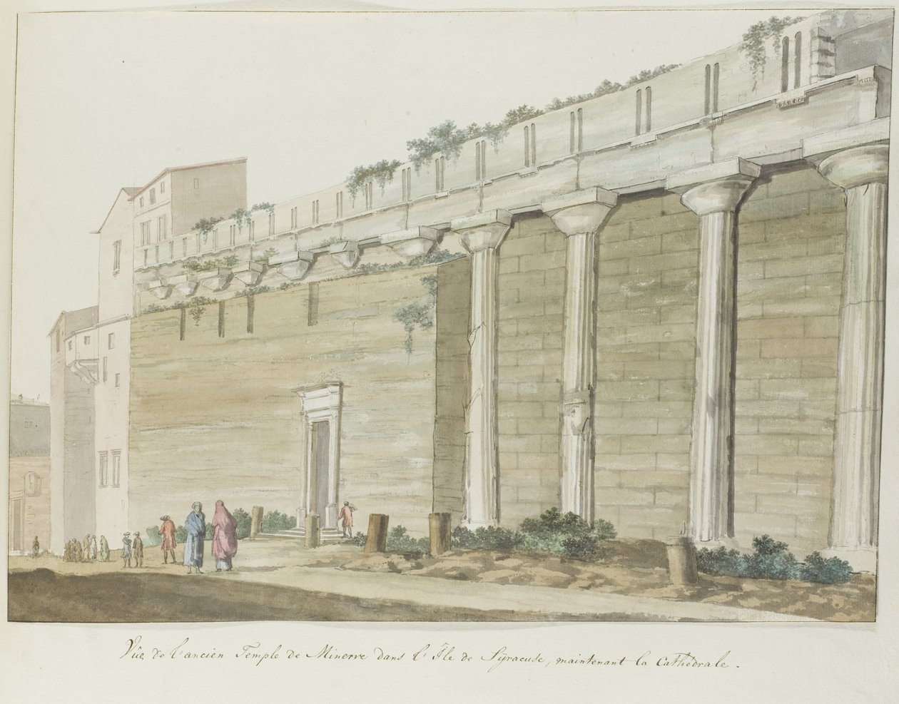 Utsikt over gamle Minerva-tempelet på eiland Syracuse Utsikt over det gamle Minerva-tempelet på øya Syracuse (tittel på objekt) Reiser i Italia, Sicilia og Malta - 1778 (serietittel) av Louis Ducros