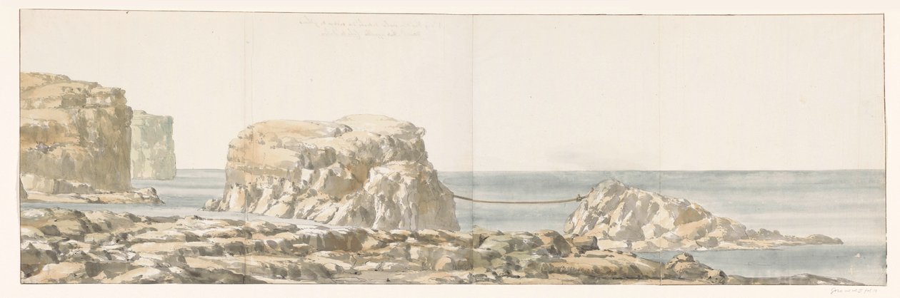 Utsikt over rots losgeraakt van kust i inham van Gozo Utsikt over en stein løsrevet fra bredden av Ghozo i Anse kalt Calata Dulyra (tittel på objekt) Reiser i Italia, Sicilia og Malta - 1778 (serietittel) av Louis Ducros