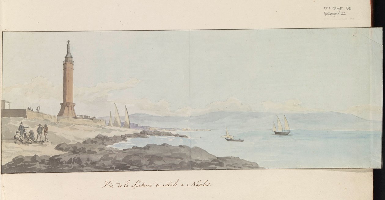 Utsikt over fyret ved havnehodet i Napoli Vue de la Lanterne du Mole à Napoli (tittel på objekt) Voyage en Italy, og Sicile et à Malte - 1778 (serietittel) av Louis Ducros
