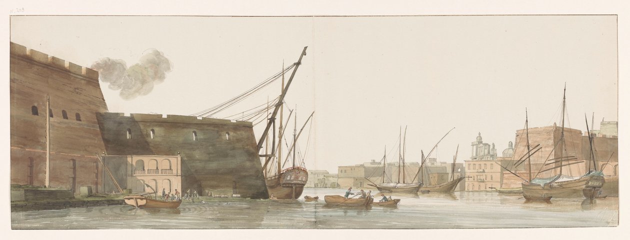 Gezicht op werf in haven van galei schepen te Malta Vue du chantier dans le port des Galères à Malte (title on object) Voyage en Italie, en Sicile et à Malte - 1778 (series title)   1385513   no       norwegian Successfully Translated  Original: Market in  av Louis Ducros