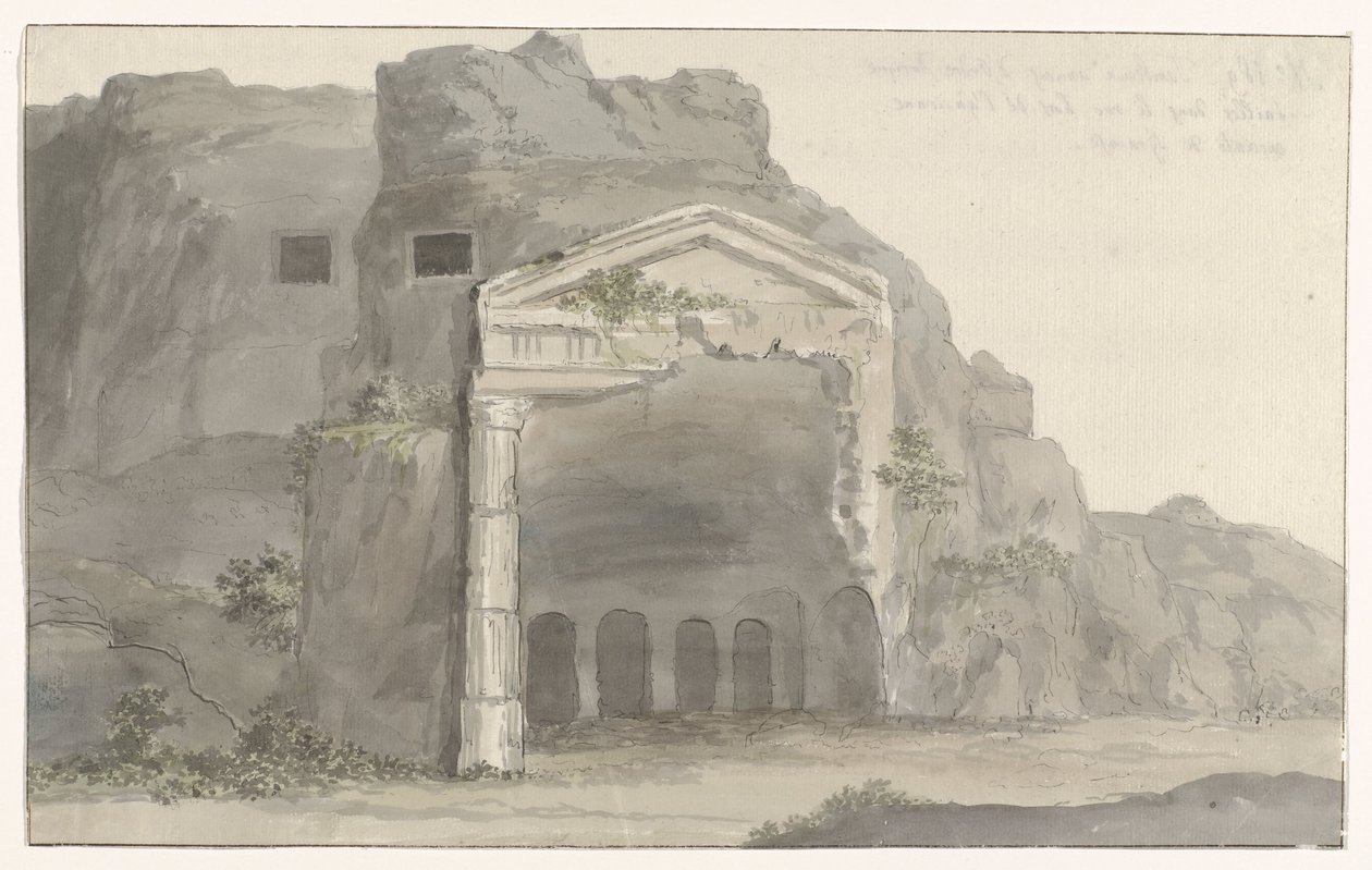 Graver med fasade i dorisk stil hugget inn i fjellet nær Syracuse Voyage en Italy, og Sicile et à Malte - 1778 (serietittel) av Louis Ducros