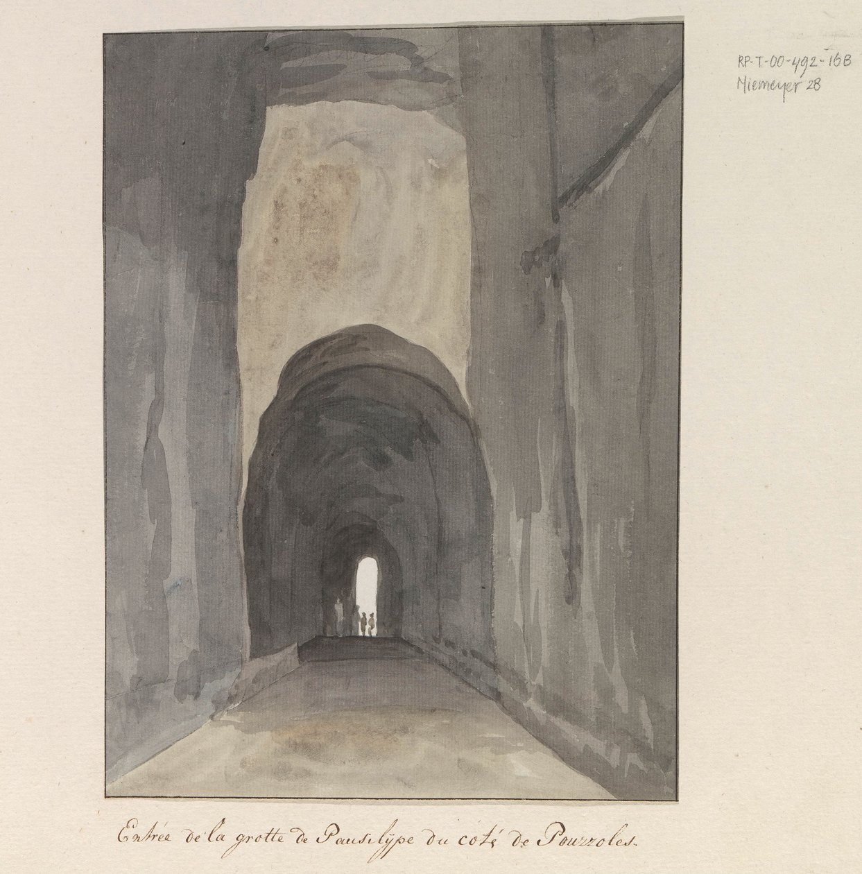 Ingang van grot Crypta Neapolitana (av Grotta di Posillipo) aan de kust van Pozzuoli Inngang til Pausilype-hulen nær Pozzuoli (tittel på objekt) Reiser i Italia, Sicilia og Malta - 1778 (serietittel) av Louis Ducros