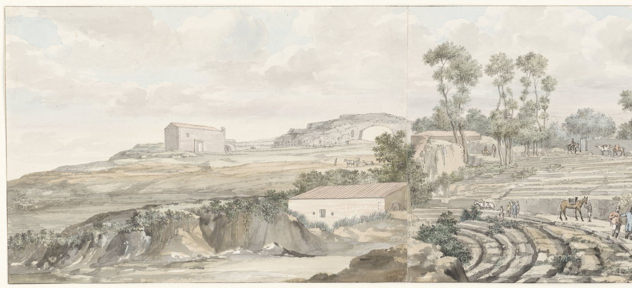Interiør møtte trappen van-teateret i Syracuse Utsikt over interiøret og tribunen til Syracuse Theatre (tittel på objekt) Reiser i Italia, Sicilia og Malta - 1778 (serietittel) av Louis Ducros