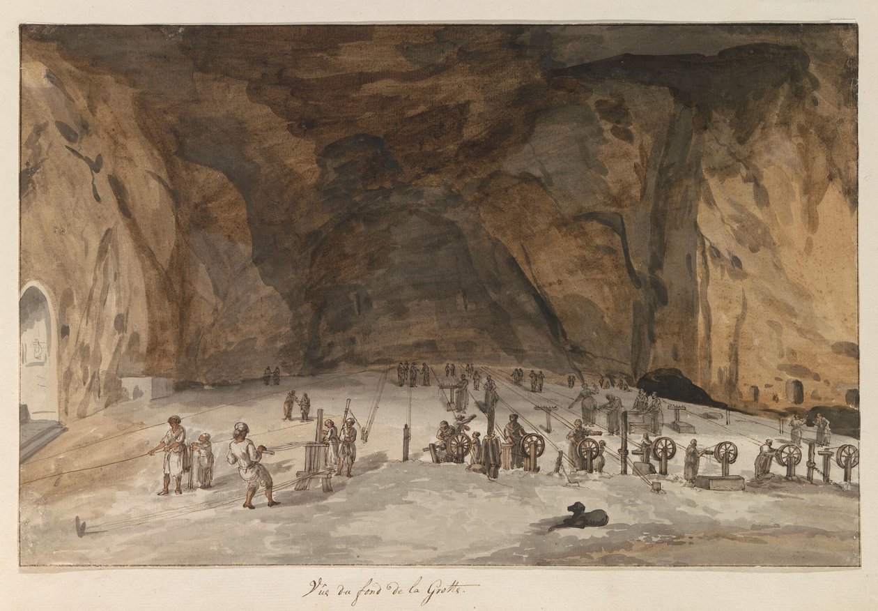Interiør varebil grot Santa Maria Capella Utsikt fra bunnen av grotten (tittel på objekt) Reiser i Italia, Sicilia og Malta - 1778 (serietittel) av Louis Ducros