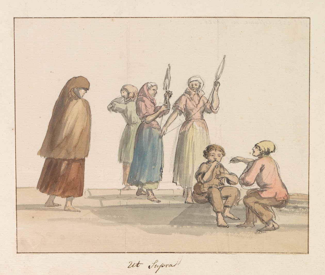 Tradisjonelle kostymer på øya Gozo Costume de Ghozo (tittel på objekt) Voyage en Italie, en Sicile et à Malte - 1778 (serietittel) av Louis Ducros