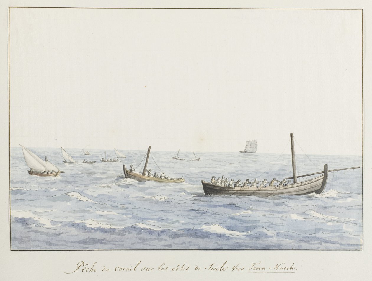 Koraalvissers for de kust av Sicilië ter høyde av Terra Nuova Korallfiske på kysten av Sicilia mot Terra Nuova (tittel på objekt) Reiser i Italia, Sicilia og Malta - 1778 (serietittel) av Louis Ducros