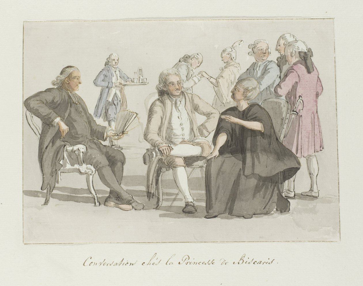 Medlemmer av turgruppen i samtale med prinsessen av Biscaris Conversation chés la Princesse de Biscaris (tittel på objekt) Voyage en Italie, en Sicile et à Malte - 1778 (serietittel) av Louis Ducros