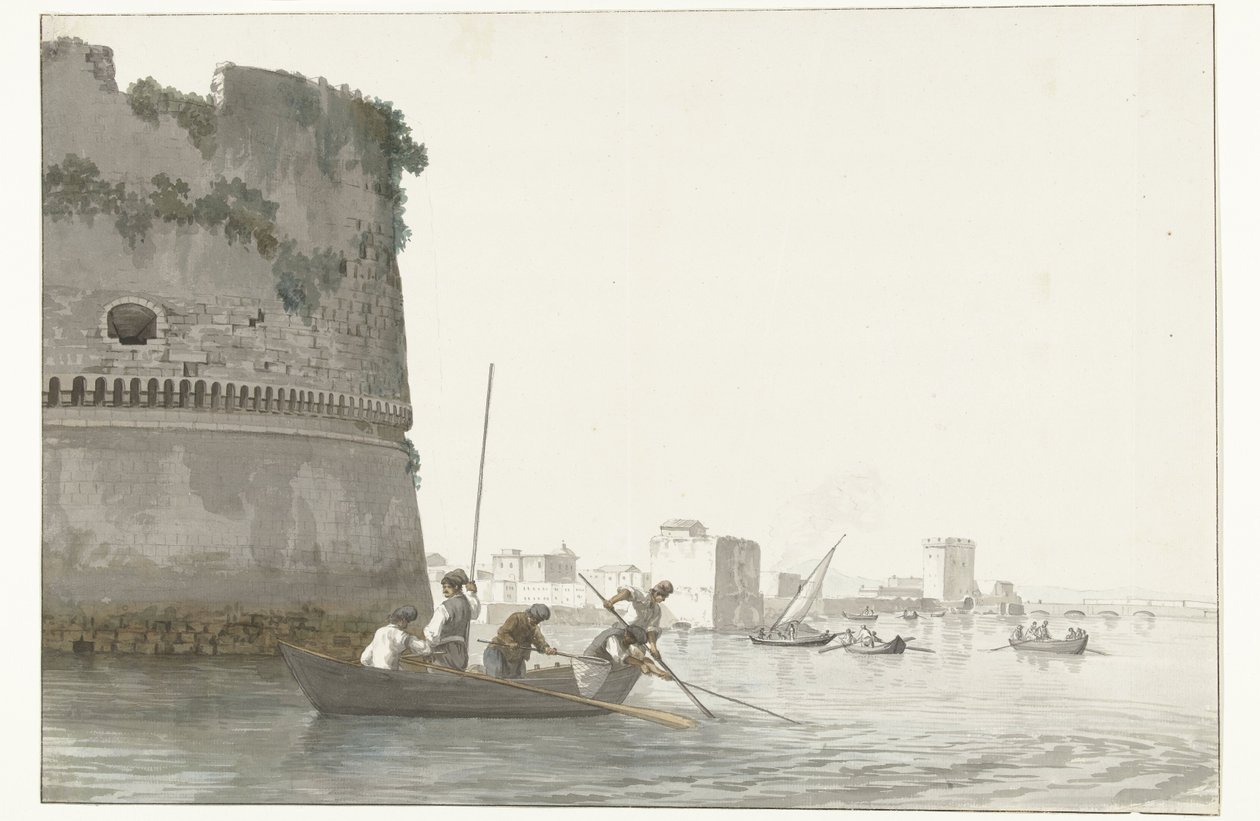 Mosselvissers op Mare Piccolo ved de vestingwerken av Taranto Fiske etter blåskjell i Mare piccolo i Taranto sett fra hjørnet av Citadel (tittel på objekt) Reiser i Italia, Sicilia og Malta - 1778 (serietittel) av Louis Ducros