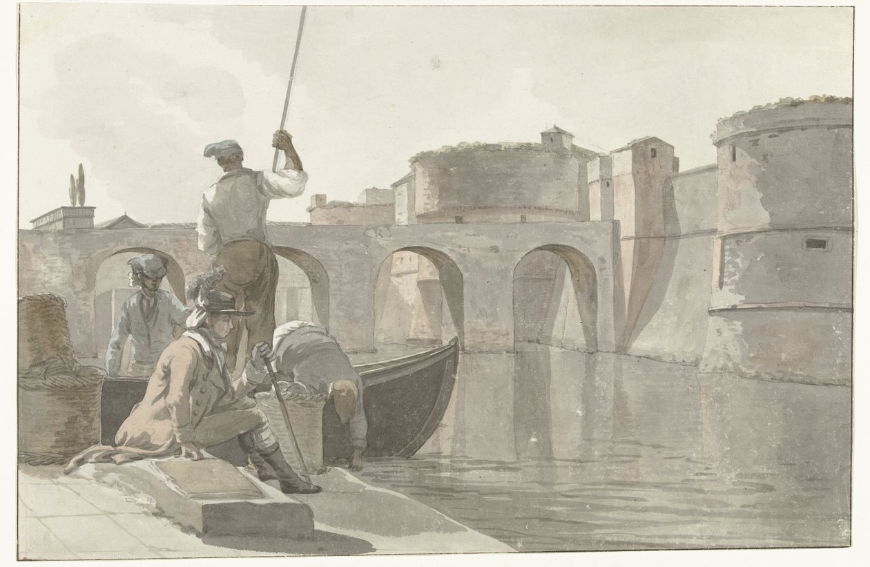 Ny vestingsgracht van de vestingwerken i Taranto Utsikt over den nye vollgraven til Citadel of Taranto (tittel på objekt) Reiser i Italia, Sicilia og Malta - 1778 (serietittel) av Louis Ducros