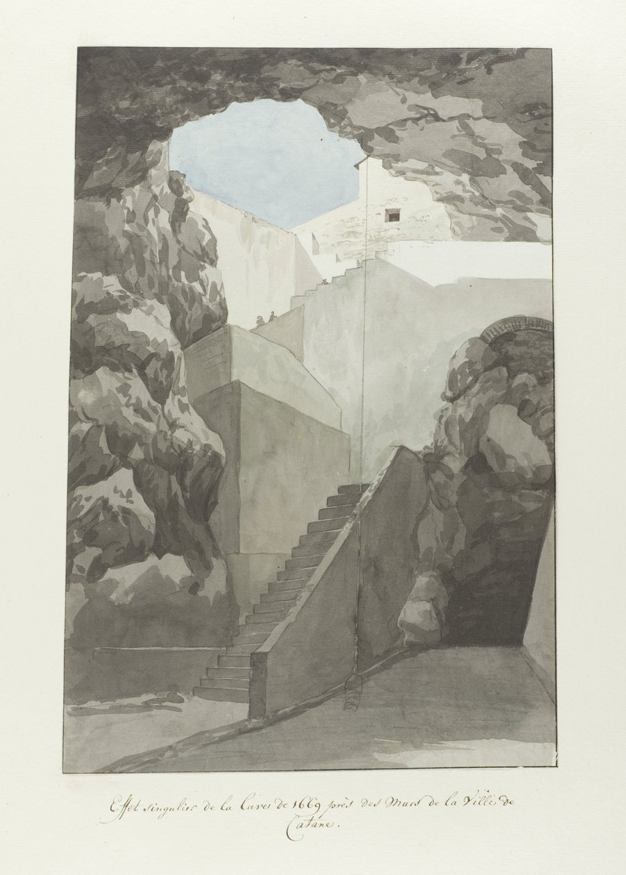 Bemerkelsesverdige lavasteiner fra 1669 ved bymurene i Catania Effet singular de la lave de 1669 près des mur de Catane (tittel på objekt) Voyage en Italy, og Sicile et à Malte - 1778 (serietittel) av Louis Ducros