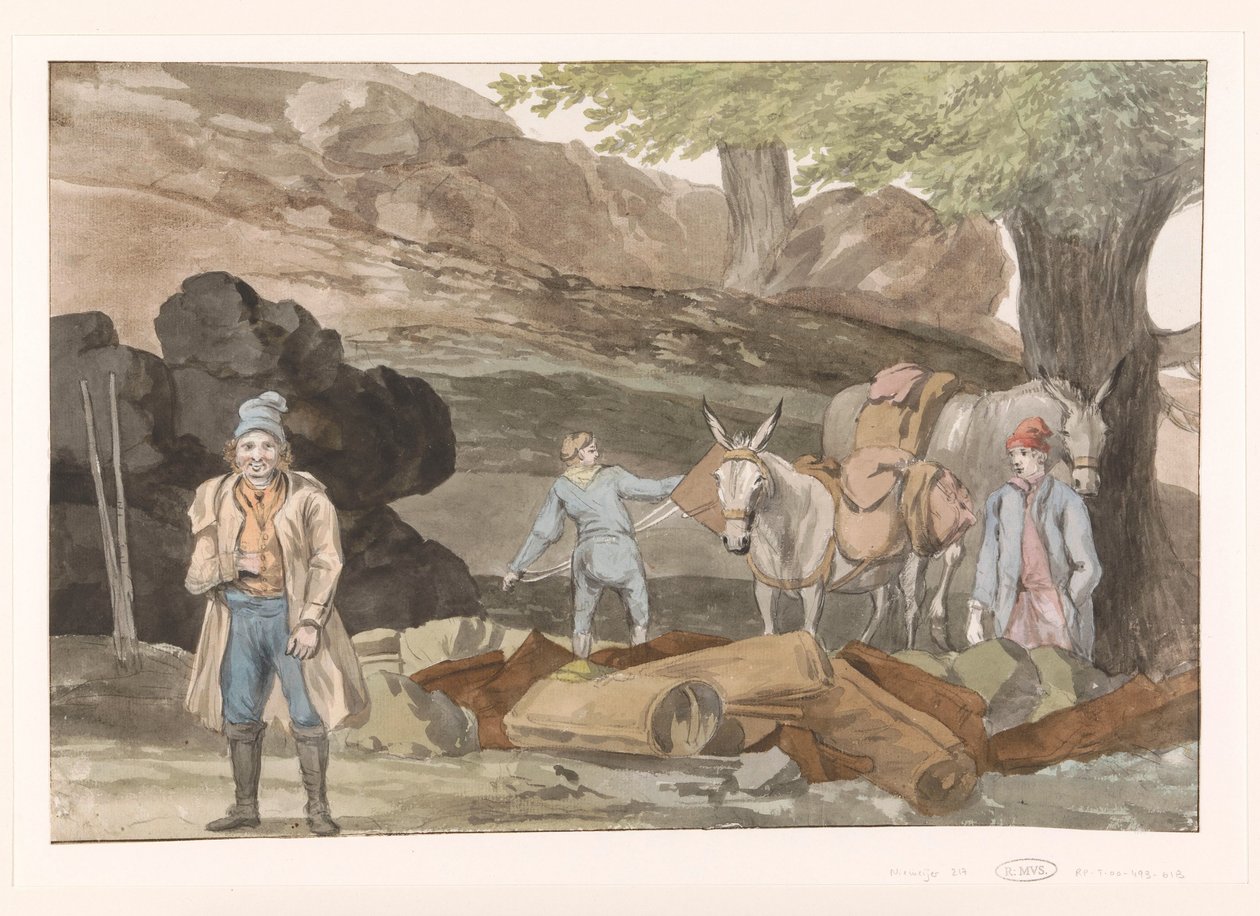 Opphold ved de Grotte delle Capre aan de grenser ved Nemorosa en Fredda Stopp ved delle Capre-hulen på grensen til de to regionene Nemorosa & Fredda (tittel på objekt) Reiser i Italia, Sicilia og Malta - 1778 (serietittel) av Louis Ducros