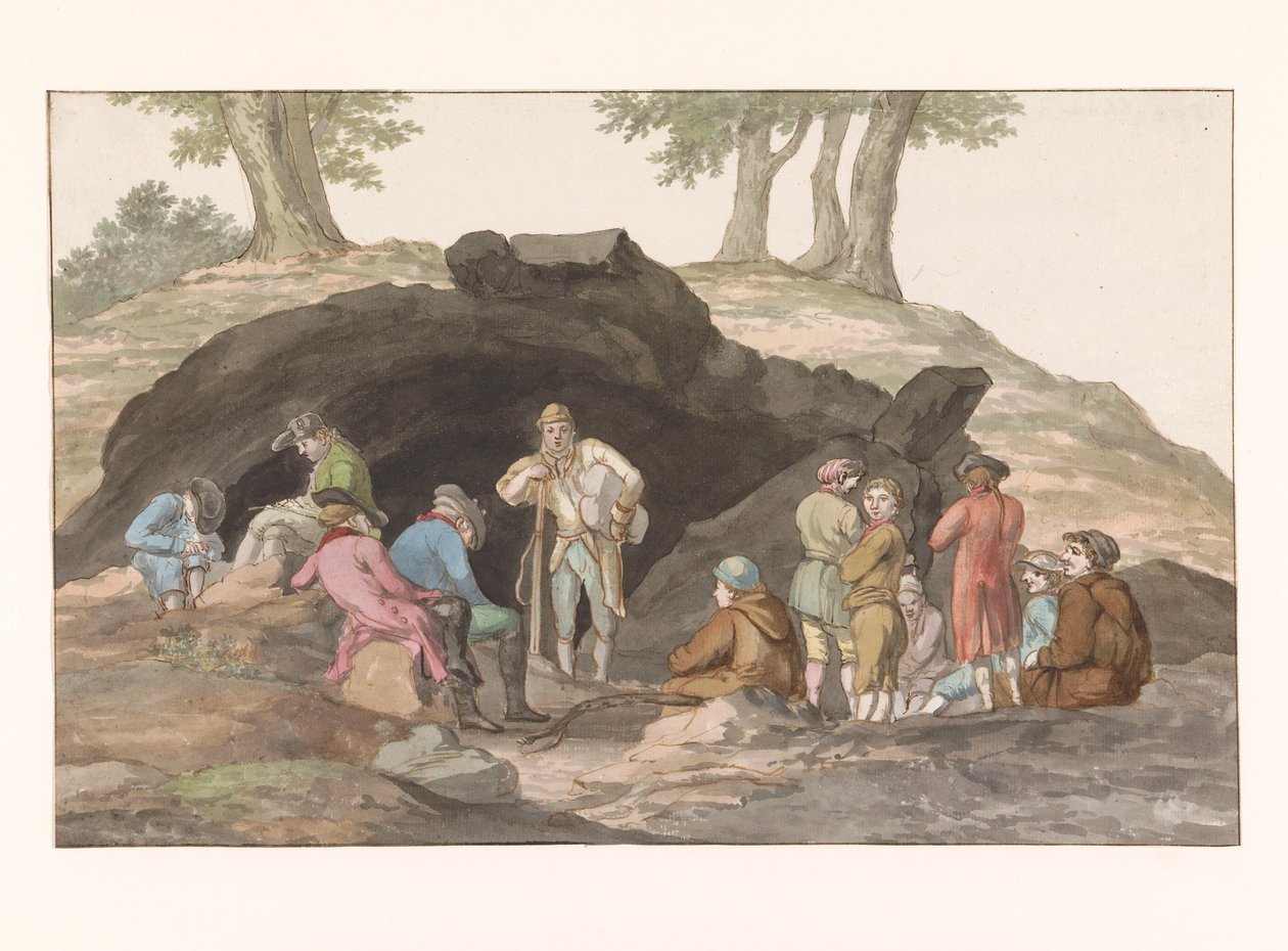 Stopp ved Grotte delle Capre på grensen ved Nemorosa og Fredda Interiør i hulen (tittel på objekt) Voyage en Italy, og Sicile et à Malte - 1778 (serietittel) av Louis Ducros