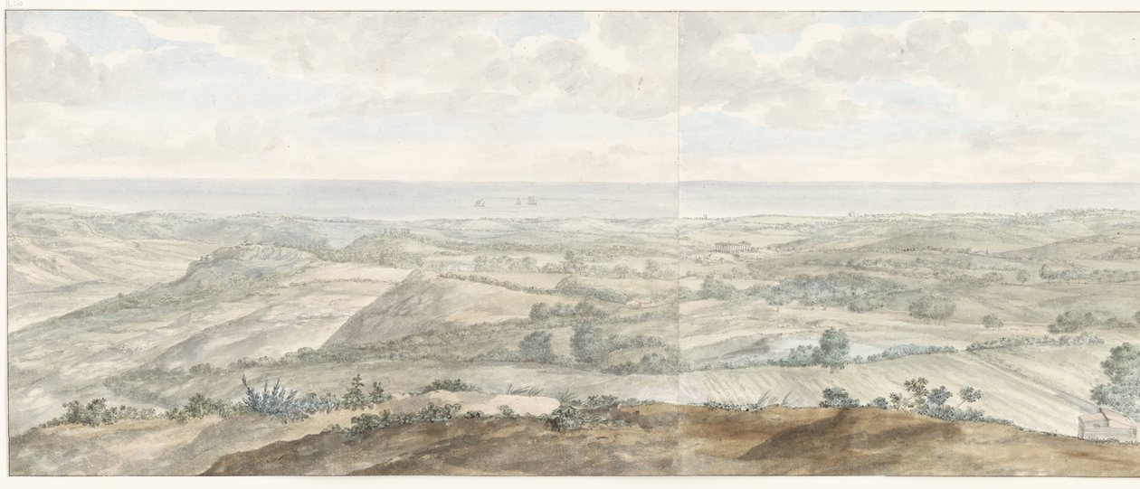 Panorama fra Collis Minervalis Generell visning tatt fra toppen av Collis Minervalis (tittel på objekt) Reiser i Italia, Sicilia og Malta - 1778 (serietittel) av Louis Ducros