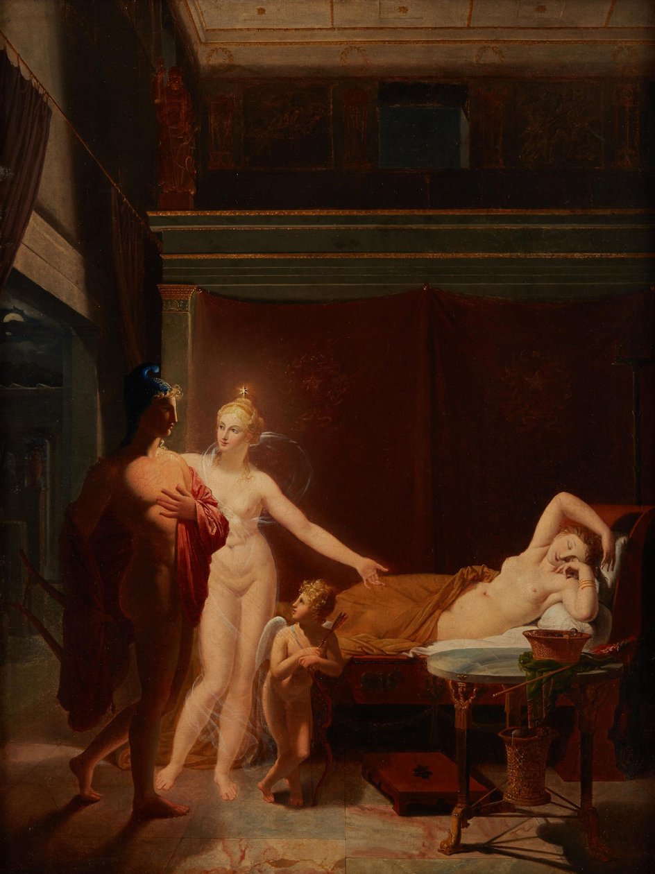 Paris og Helen Venus og Amor eskorterer Paris til Helens sengekammer, 1800. av Louis Ducros