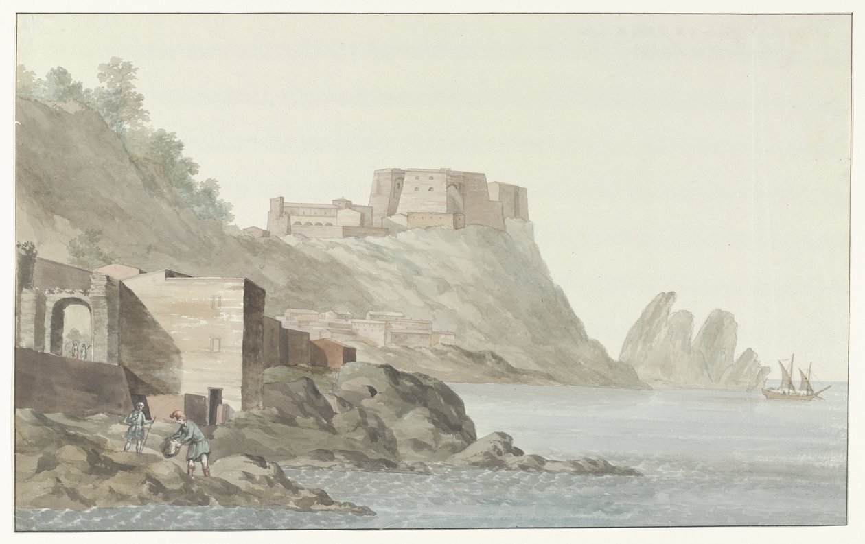 Burps i stad Scilla in de regio Calabrië aan de oostkust Rock & Town of Scilla i Calabria; utsikt tatt fra østsiden (tittel på objekt) Reiser i Italia, Sicilia og Malta - 1778 (serietittel) av Louis Ducros