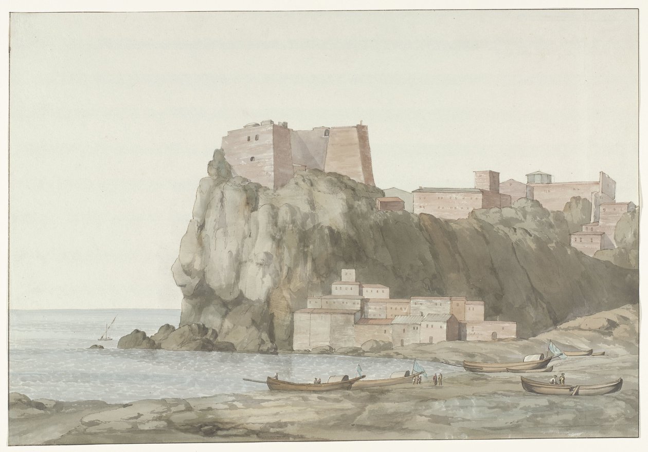 Rots en stad Scilla in de regio Calabrië aan de westkust Rocher & Ville de Scilla en Calabre; vue prise du côté du couchant (title on object) Voyage en Italie, en Sicile et à Malte - 1778 (series title)   1385413   no       norwegian Successfully Translate av Louis Ducros