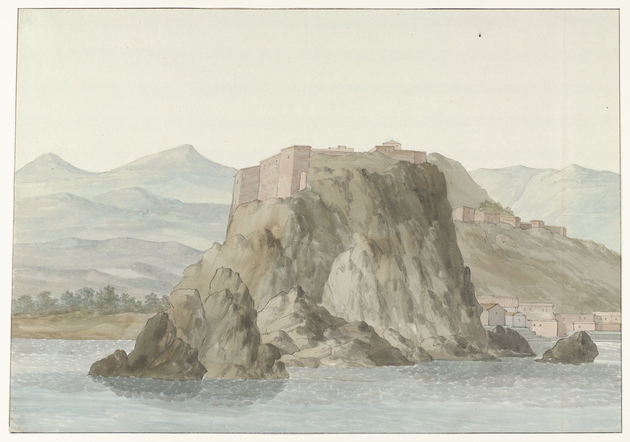 Stein og by Scilla i regionen Calabria sett fra havet på nordsiden Rocher & Ville de Scilla og Calabre; vue prize en mer, du côté du Nord (tittel på objekt) Voyage en Italy, og Sicile et à Malte - 1778 (serietittel) av Louis Ducros