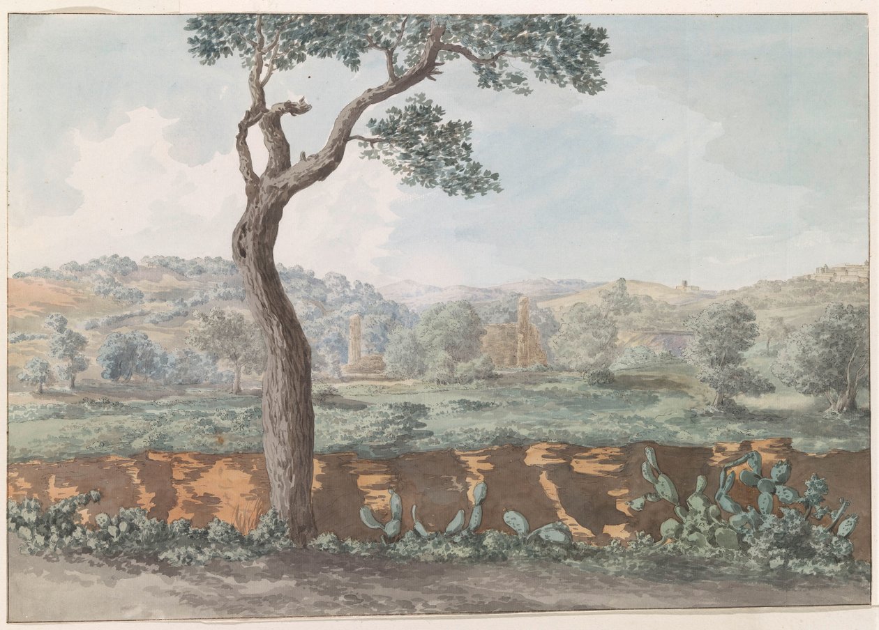 Ruïne av Castor og Pollux tempel innen muren fra gamle Agrigento Utsikt over ruinene av Temple of Castor & Pollux i innhegningen til det gamle Agrigentum (tittel på objektet) Reiser i Italia, Sicilia og Malta - 1778 (serietittel) av Louis Ducros