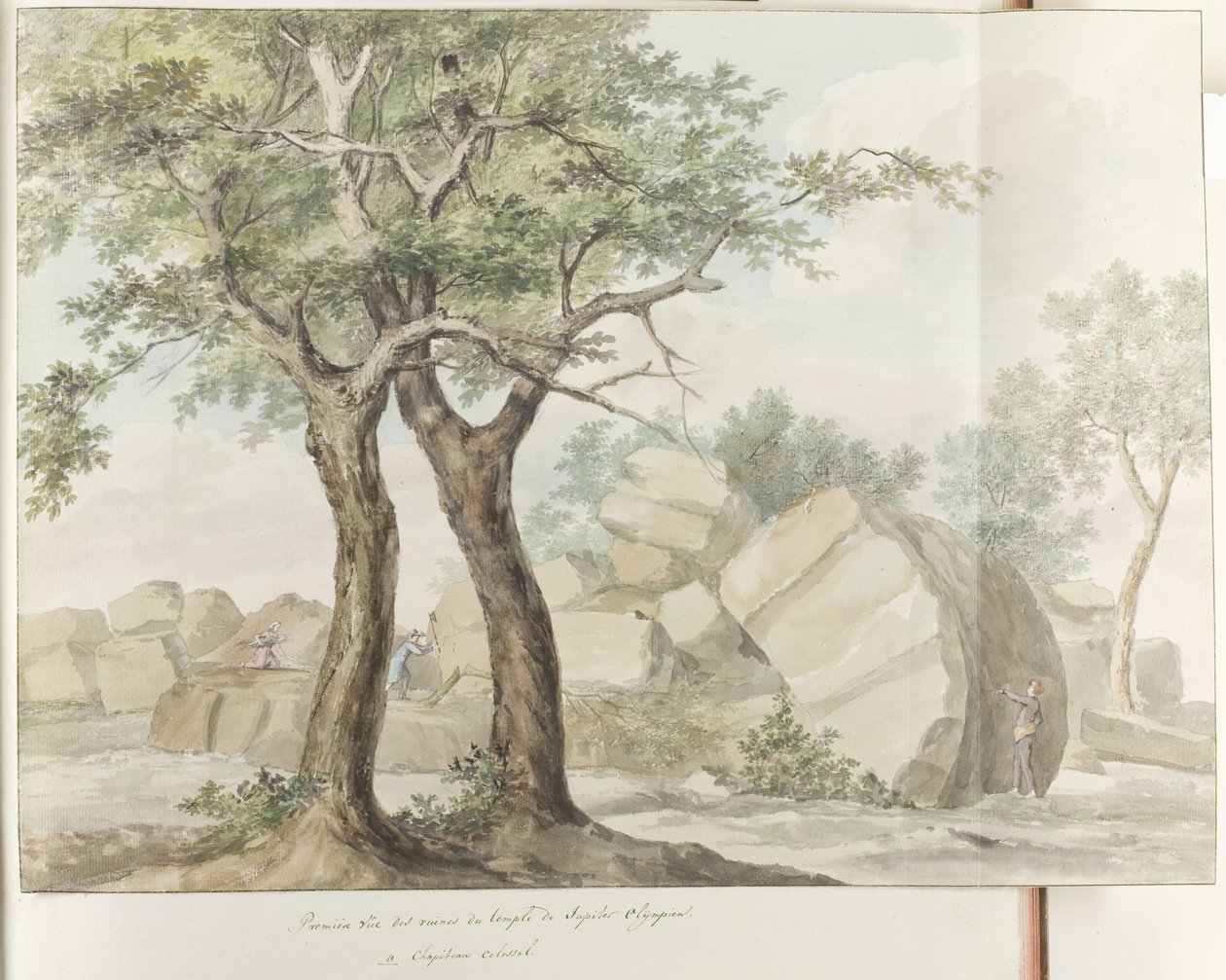 Ruïne van Zeus Olympus-tempelet i gamle Agrigento Første utsikt over ruinene av tempelet til Olympian Jupiter (tittel på objekt) Reiser i Italia, Sicilia og Malta - 1778 (serietittel) av Louis Ducros