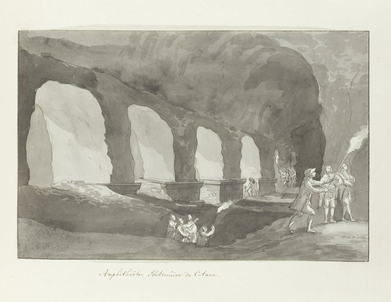 Souterrain van het amfitheater van Catanië Amphitheatre of Catania (tittel på objekt) Reiser i Italia, Sicilia og Malta - 1778 (serietittel) av Louis Ducros