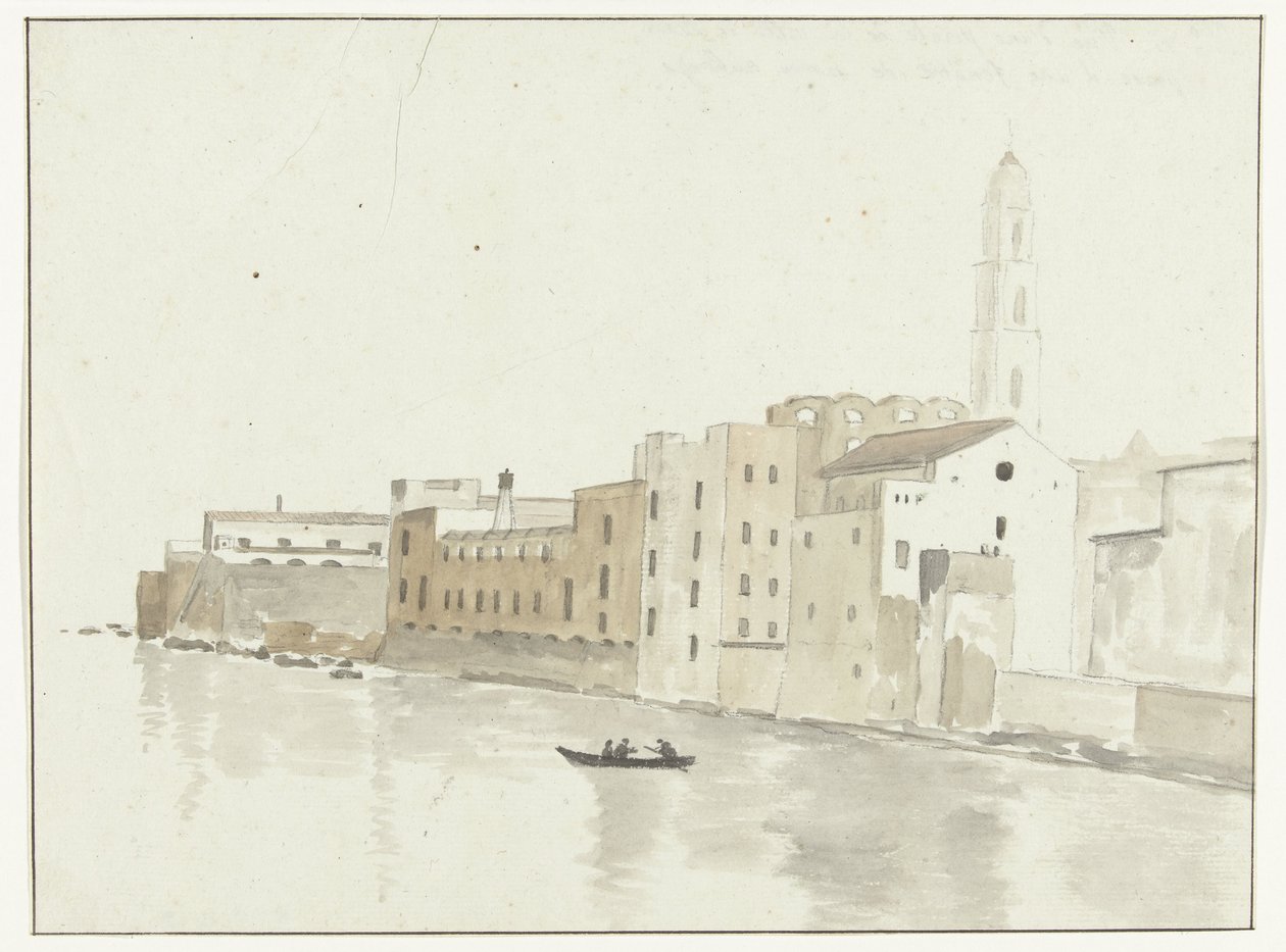 Stadsutsikt i Bari fra et rom i herberget Utsikt over et punkt i byen Bari, tatt fra et vindu på vandrerhjemmet vårt (tittel på objekt) Reiser i Italia, Sicilia og Malta - 1778 (serietittel) av Louis Ducros