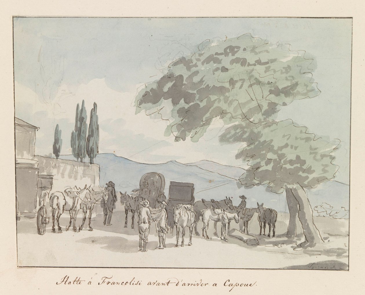 Stopp i Francolisi voor aankomst i Capua Stopp ved Francolisi før du ankommer Capua (tittel på objekt) Reiser i Italia, Sicilia og Malta - 1778 (serietittel) av Louis Ducros