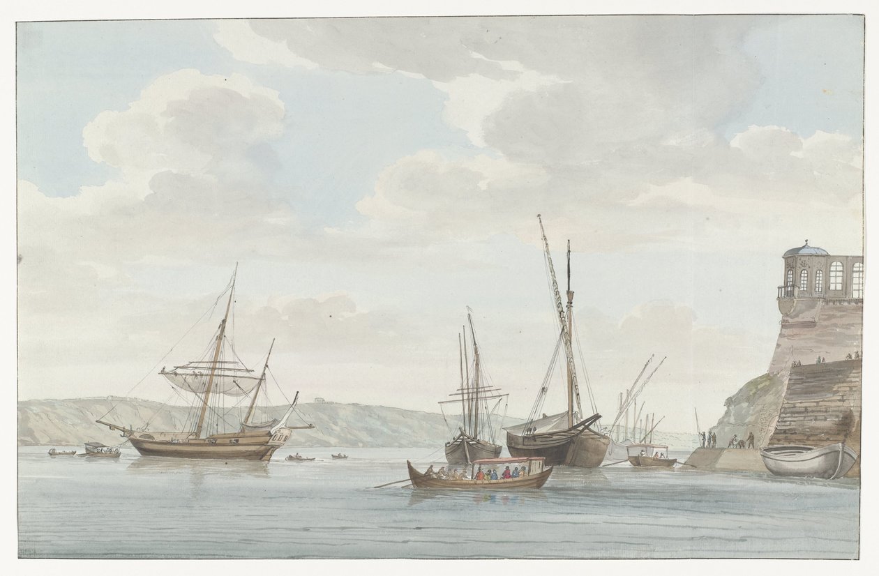 Tuinhuis van de Jardin du Grand Maître uittorend boven de havn med galei schepen op Malta Pavilion of Jardin du Grand-Maître, overfor havnen i Galeiene i Malthe (tittel på objekt) Reiser i Italia, Sicilia og Malta - 1778 (serietittel ) av Louis Ducros