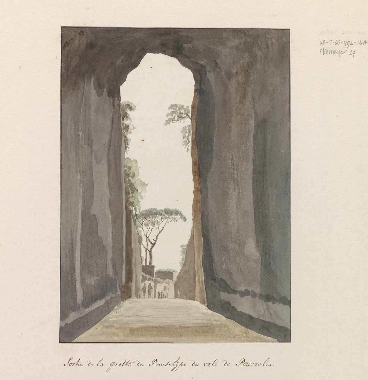 Uitgang van grot Crypta Neapolitana (av Grotta di Posillipo) langs kusten av Pozzuoli Avgang fra Pausilype-hulen nær Pozzuoli (tittel på objekt) Reiser i Italia, Sicilia og Malta - 1778 (serietittel) av Louis Ducros