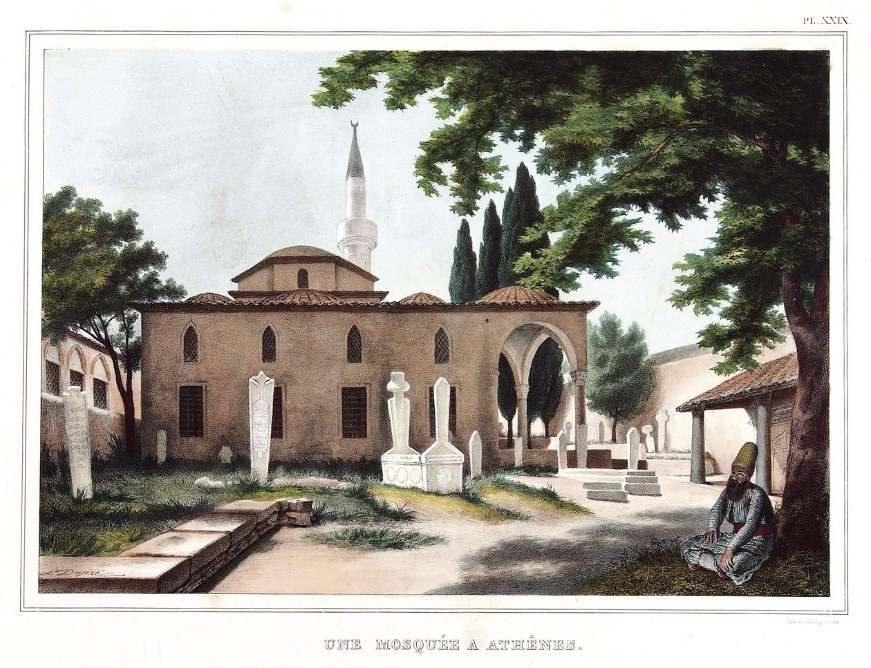 En moske i Athen. i "" Reisen til Athen og Konstantinopel, eller samling av greske og osmanske portretter, utsikter og kostymer, malt på steder i naturen, litografier og farger av Louis Dupre (1789-1837), elev av David.1825. av Louis Dupré