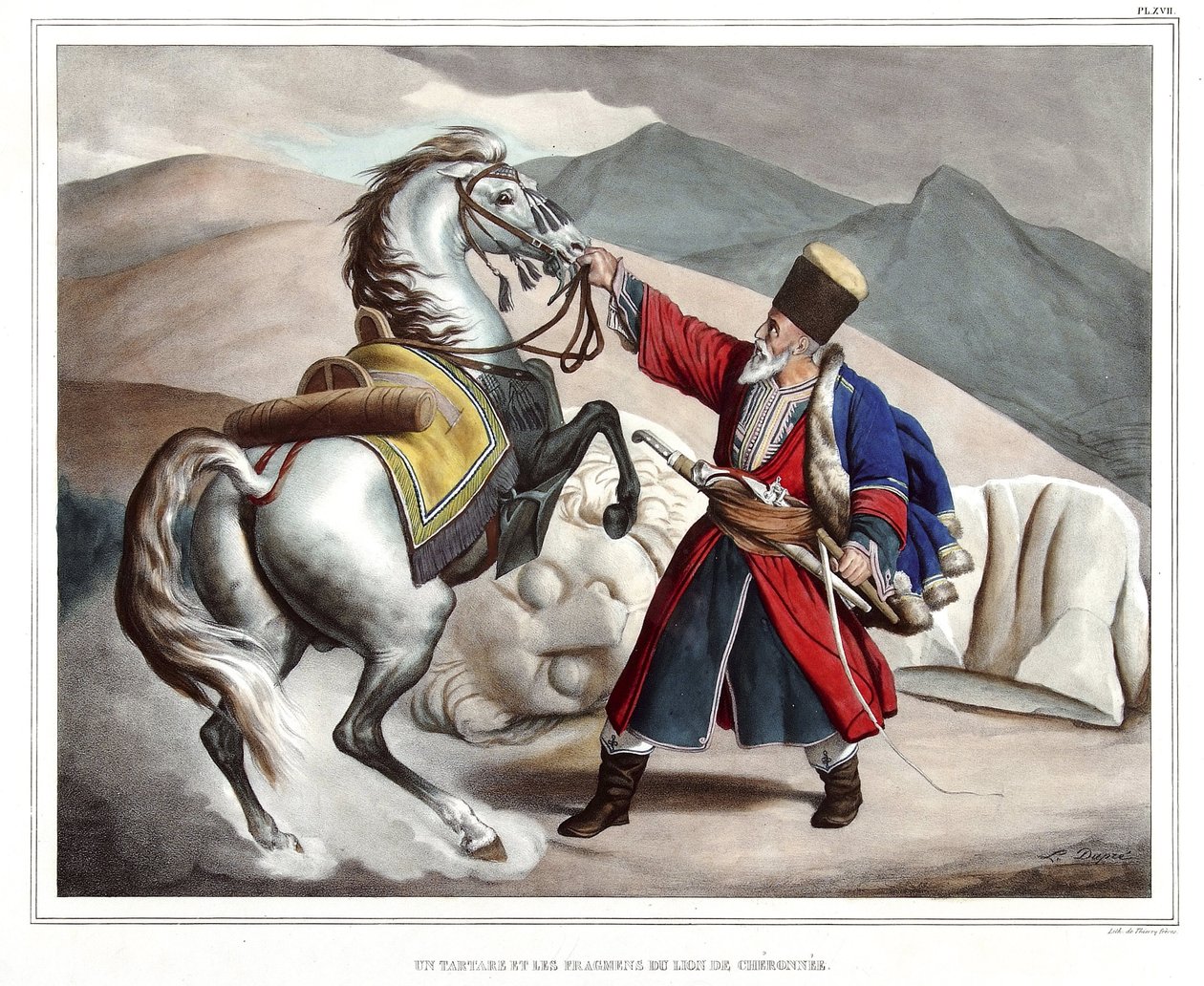 En tartar og fragmenter av løven fra Cheronnee. i "" Reisen til Athen og Konstantinopel, eller samling av greske og ottomanske portretter, utsikt og kostymer, malt på steder i naturen, litografier og farger av Louis Dupre (1789-1837), elev av Davi av Louis Dupré