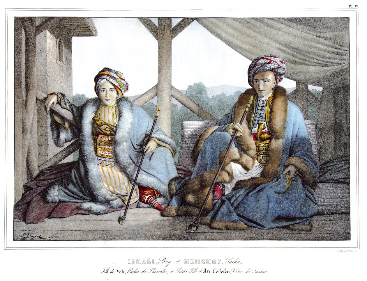 Ismael, Bey og Mehemet Pasha, sønn av Veli, pasha av Thessaly og barnebarn av Ali Tebelen (1741-1822), vizir av Janina, i "" Reisen til Athen og Konstantinopel, eller samling av greske og osmanske portretter, utsikter og kostymer, malt på steder av natu av Louis Dupré