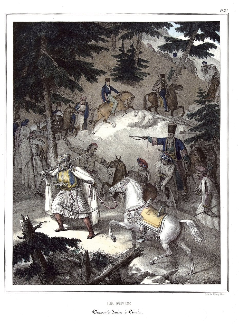 Le Pinde, traversee de Janina a Tricala. i "" Reisen til Athen og Konstantinopel, eller samling av greske og osmanske portretter, utsikter og kostymer, malt på steder etter naturen, litografier og farger av Louis Dupre (1789-1837), elev av David.1825 av Louis Dupré