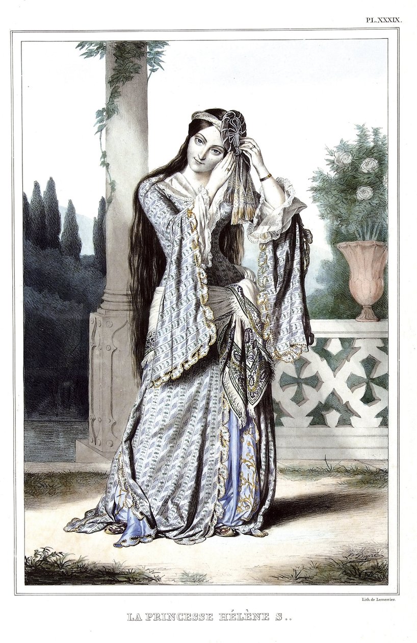 Prinsesse Helene Soutzo. i "" Reisen til Athen og Konstantinopel, eller samling av greske og ottomanske portretter, utsikter og kostymer, malt på steder av etter naturen, litografier og farger av Louis Dupre (1789-1837), elev av David.1825. av Louis Dupré