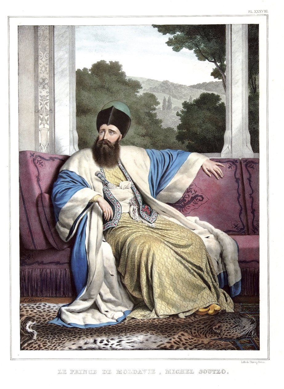 Prinsen av Moldova, Michael Soutzo (1729-1830). i "" Reisen til Athen og Konstantinopel, eller samling av greske og osmanske portretter, utsikter og kostymer, malt på steder av naturen, litografier og farger av Louis Dupre (1789-1837), elev av Dav av Louis Dupré