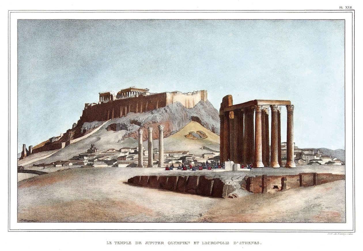Templet til Olympian Jupiter og Akropolis i Athen. i "" Reisen til Athen og Konstantinopel, eller samling av greske og osmanske portretter, utsikter og kostymer, malt på steder i naturen, litografier og farger av Louis Dupre (1789-1837), pu av Louis Dupré