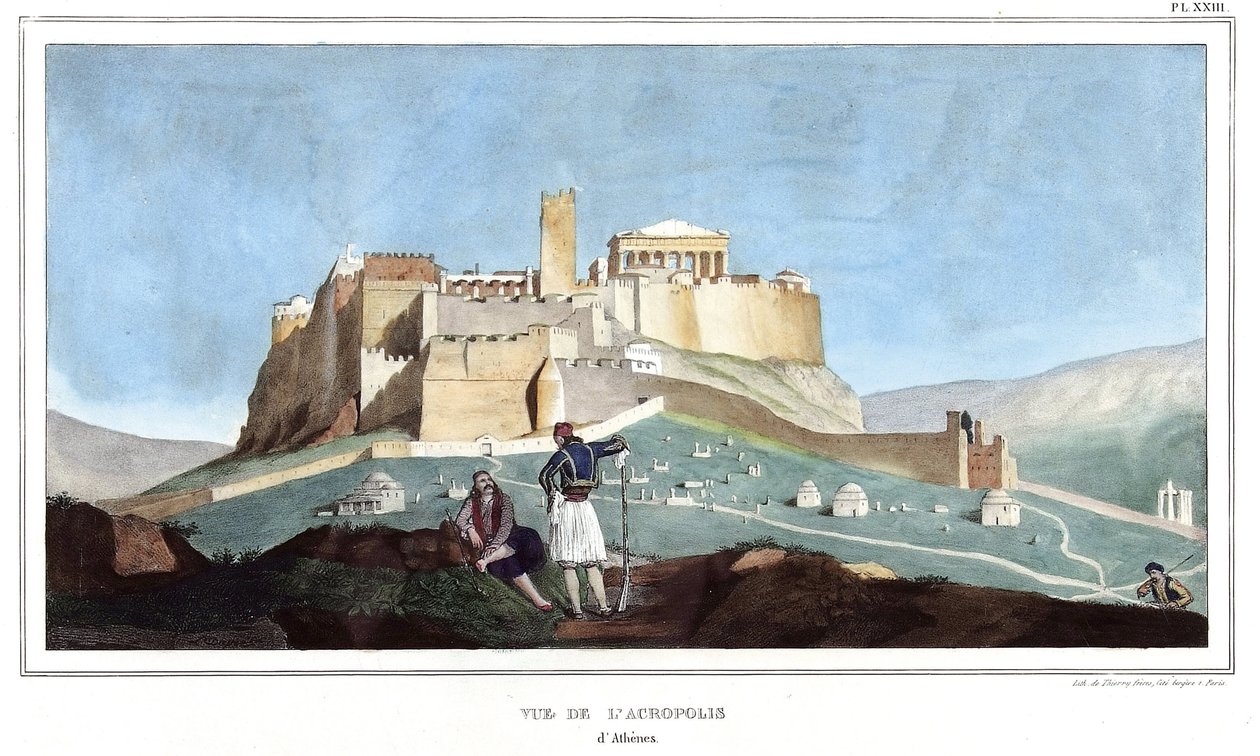 Utsikt over Akropolis i Athen. i "" Reisen til Athen og Konstantinopel, eller samling av greske og ottomanske portretter, utsikter og kostymer, malt på steder i naturen, litografier og farger av Louis Dupre (1789-1837), elev av David.1825. av Louis Dupré